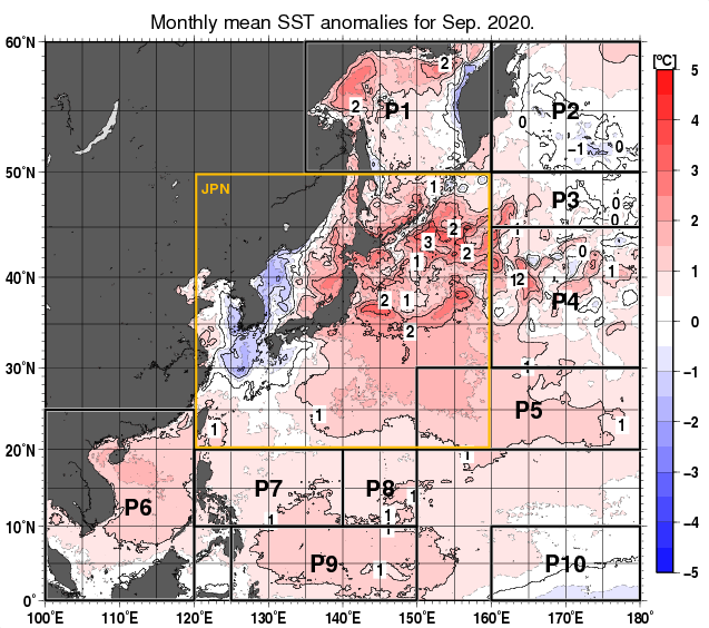 北西太平洋の月平均海面水温平年差分布図（2020年9月）