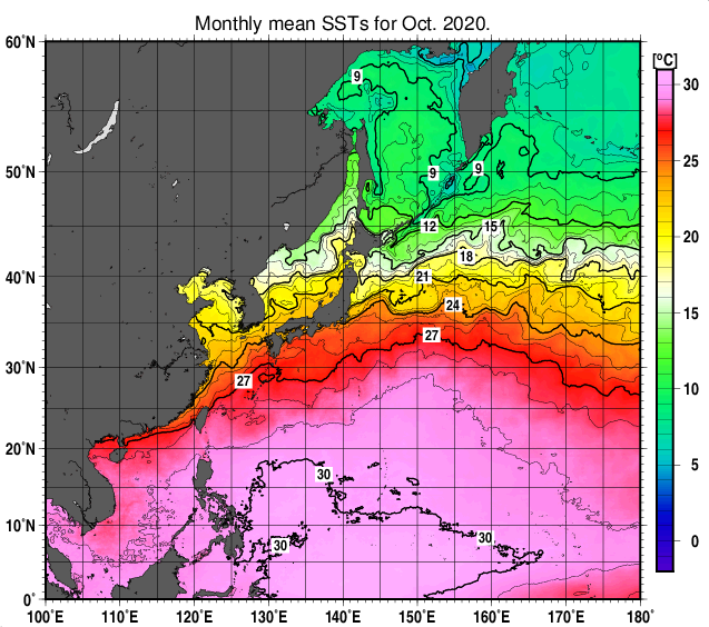 北西太平洋の月平均海面水温分布図（2020年10月）