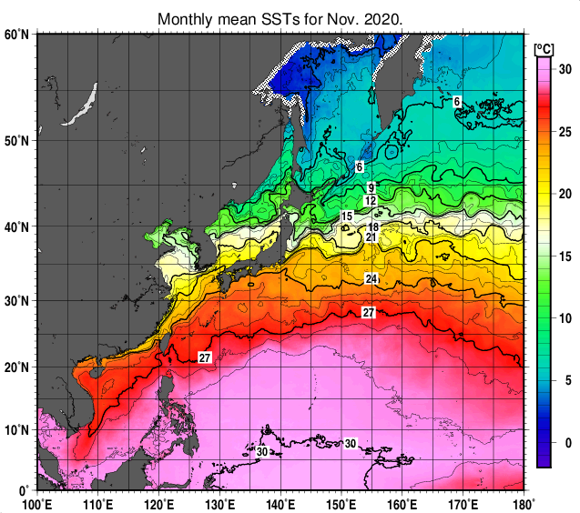 北西太平洋の月平均海面水温分布図（2020年11月）