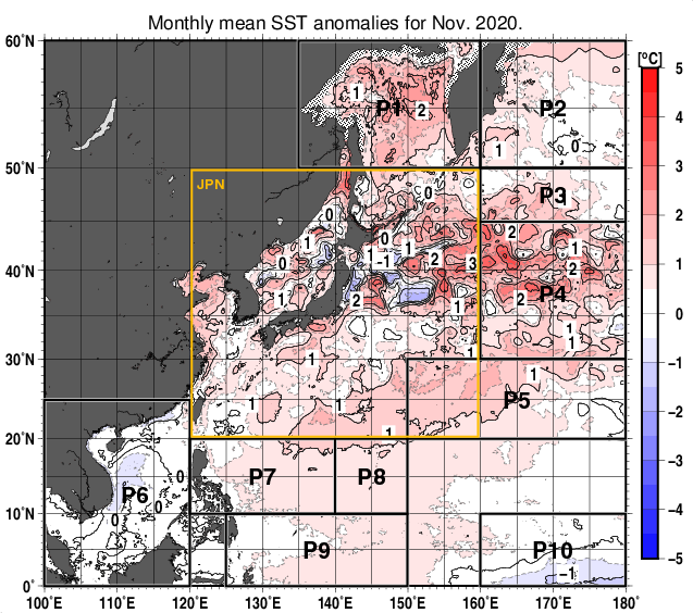 北西太平洋の月平均海面水温平年差分布図（2020年11月）