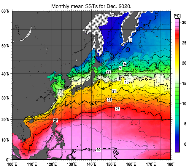 北西太平洋の月平均海面水温分布図（2020年12月）