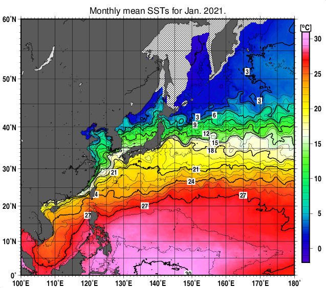 北西太平洋の月平均海面水温分布図（2021年1月）