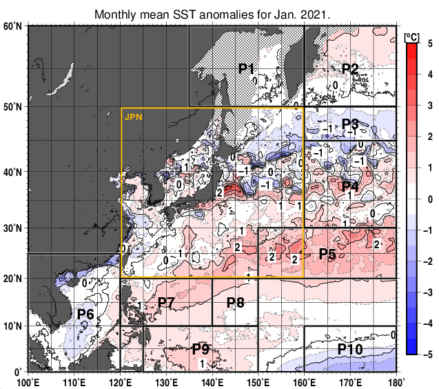 北西太平洋の月平均海面水温平年差分布図（2021年1月）