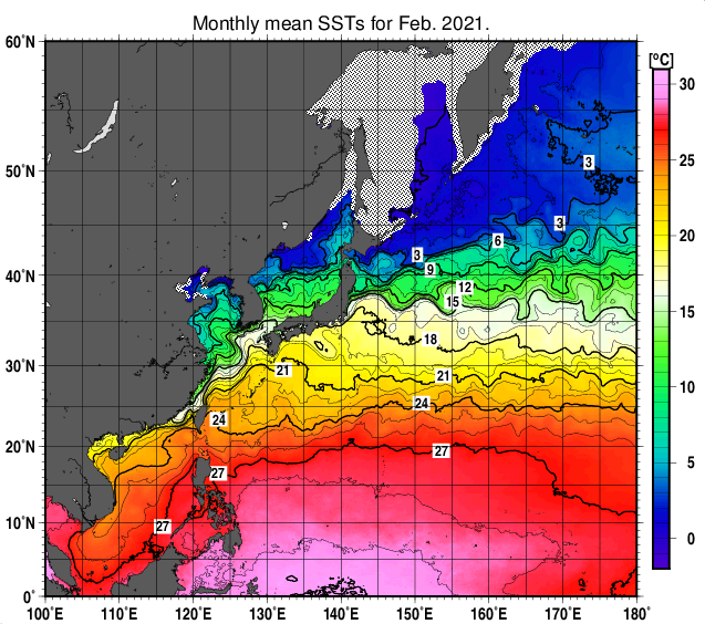 北西太平洋の月平均海面水温分布図（2021年2月）