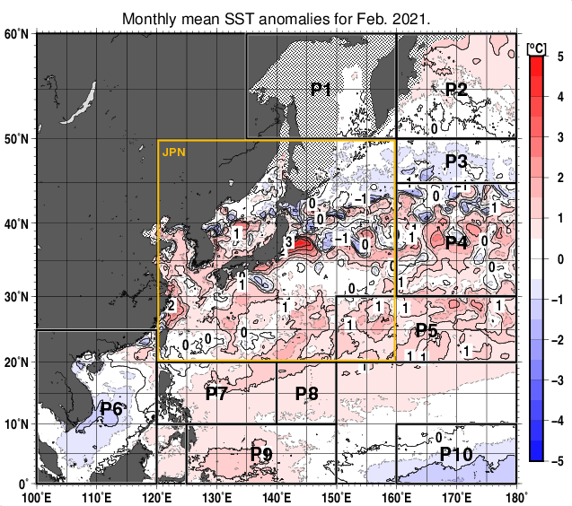 北西太平洋の月平均海面水温平年差分布図（2021年2月）