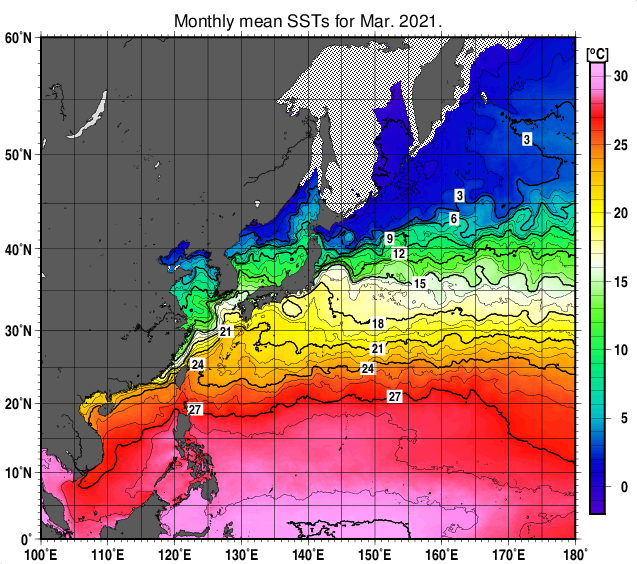 北西太平洋の月平均海面水温分布図（2021年3月）