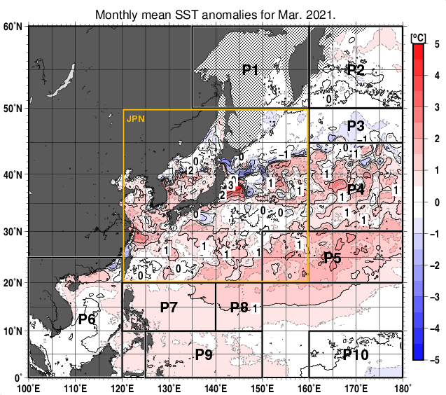 北西太平洋の月平均海面水温平年差分布図（2021年3月）