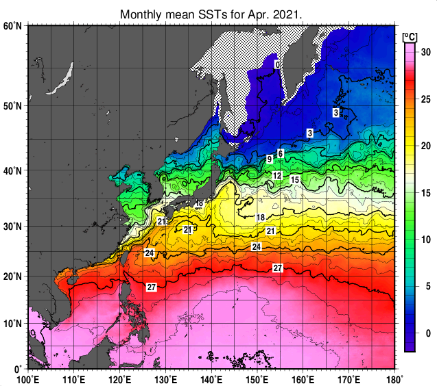 北西太平洋の月平均海面水温分布図（2021年4月）