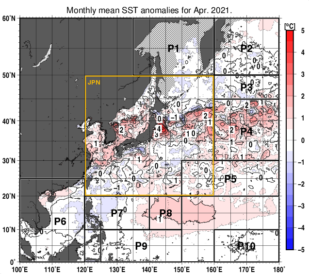 北西太平洋の月平均海面水温平年差分布図（2021年4月）