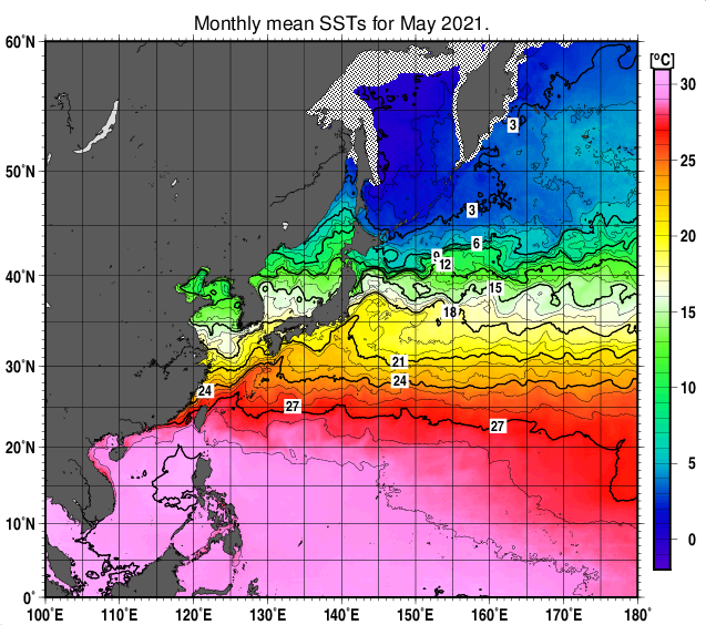 北西太平洋の月平均海面水温分布図（2021年5月）