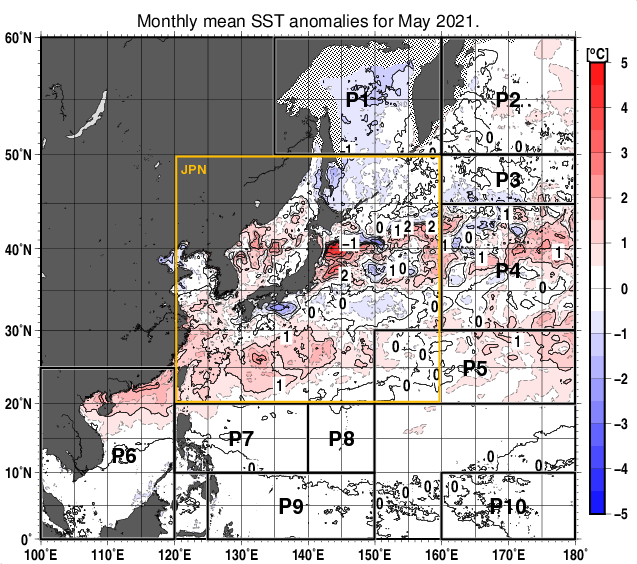 北西太平洋の月平均海面水温平年差分布図（2021年5月）