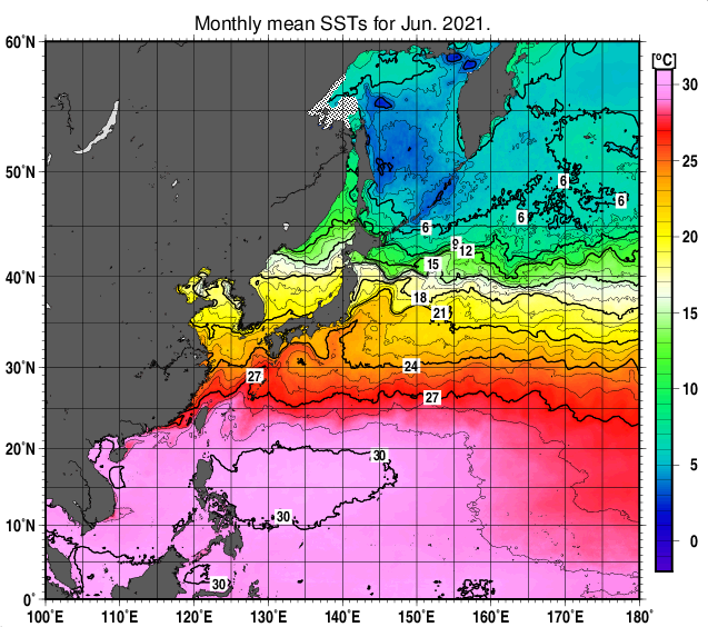 北西太平洋の月平均海面水温分布図（2021年6月）