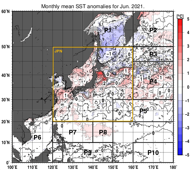 北西太平洋の月平均海面水温平年差分布図（2021年6月）