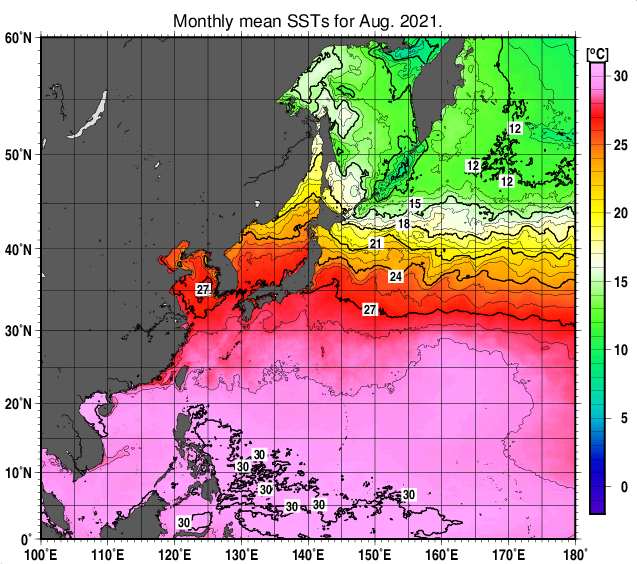 北西太平洋の月平均海面水温分布図（2021年8月）