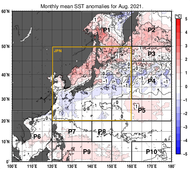 北西太平洋の月平均海面水温平年差分布図（2021年8月）