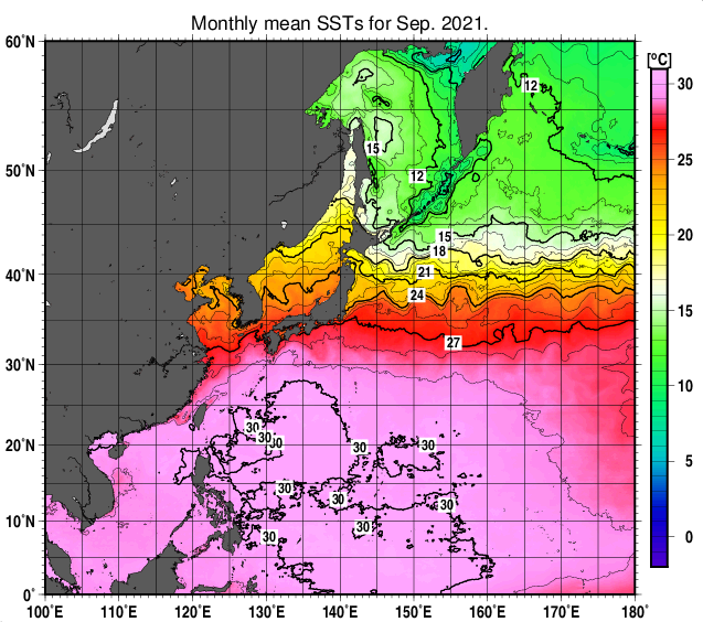 北西太平洋の月平均海面水温分布図（2021年9月）