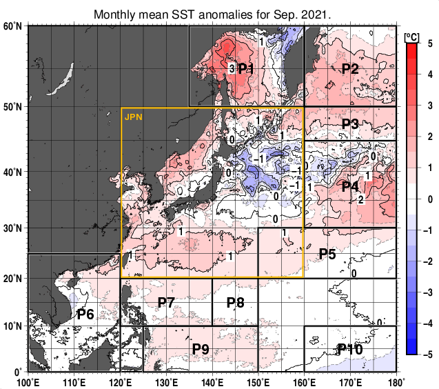 北西太平洋の月平均海面水温平年差分布図（2021年9月）