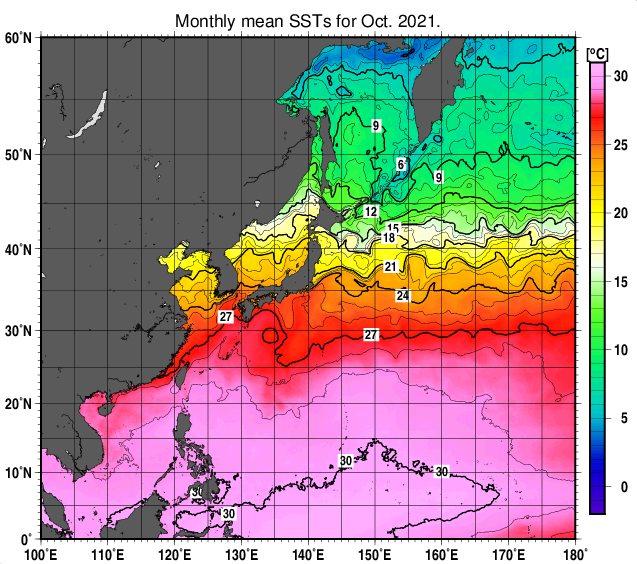 北西太平洋の月平均海面水温分布図（2021年10月）