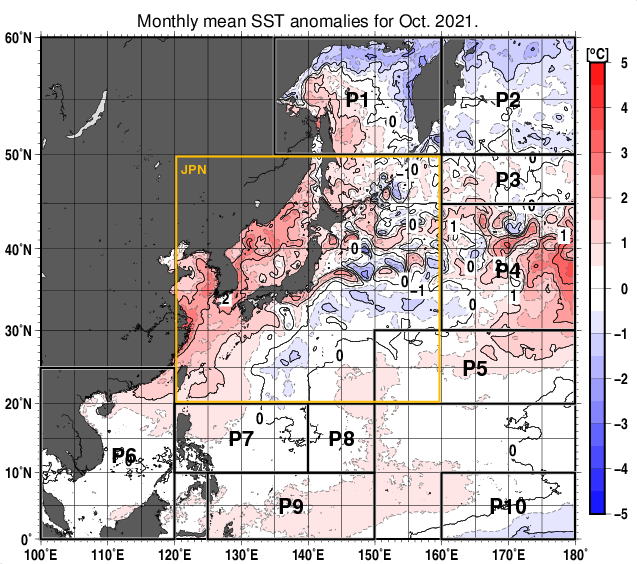 北西太平洋の月平均海面水温平年差分布図（2021年10月）