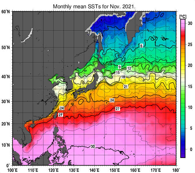 北西太平洋の月平均海面水温分布図（2021年11月）