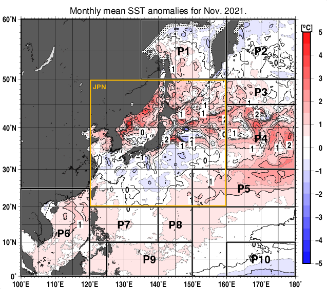 北西太平洋の月平均海面水温平年差分布図（2021年11月）