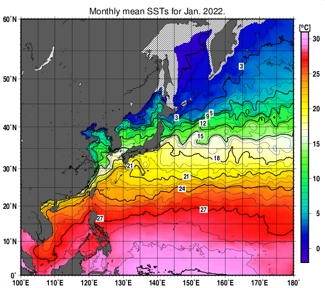 北西太平洋の月平均海面水温分布図（2022年1月）