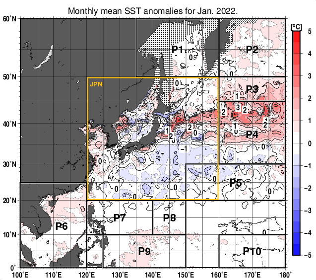 北西太平洋の月平均海面水温平年差分布図（2022年1月）