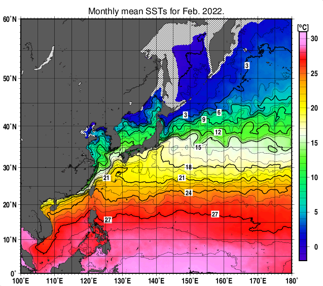 北西太平洋の月平均海面水温分布図（2022年2月）