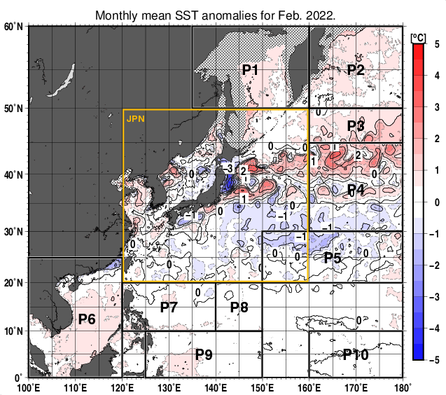 北西太平洋の月平均海面水温平年差分布図（2022年2月）