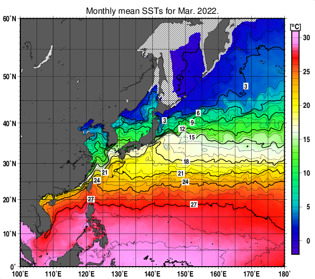 北西太平洋の月平均海面水温分布図（2022年3月）