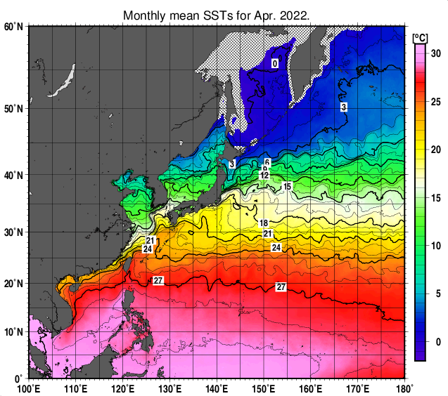 北西太平洋の月平均海面水温分布図（2022年4月）