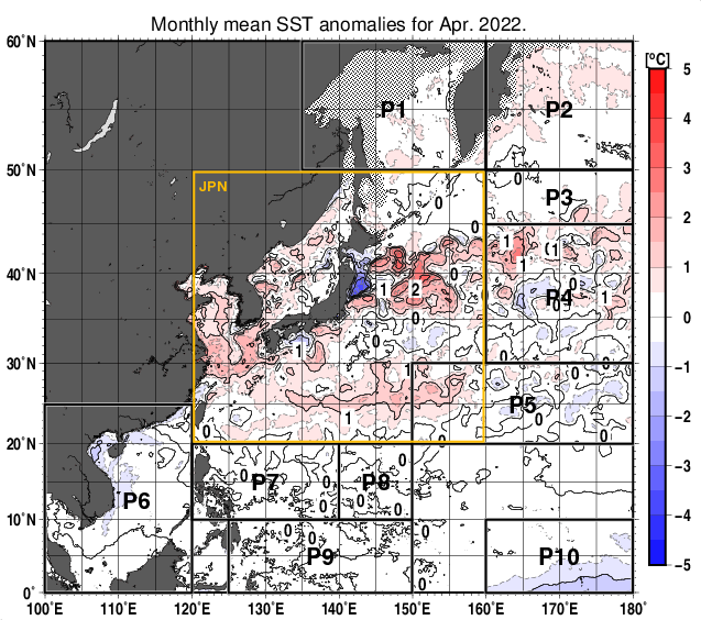 北西太平洋の月平均海面水温平年差分布図（2022年4月）