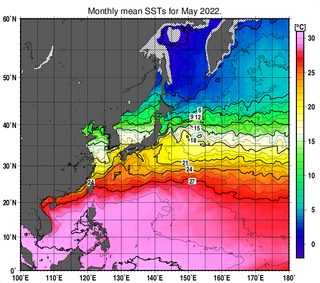 北西太平洋の月平均海面水温分布図（2022年5月）