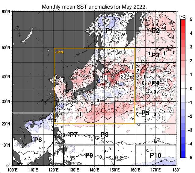 北西太平洋の月平均海面水温平年差分布図（2022年5月）