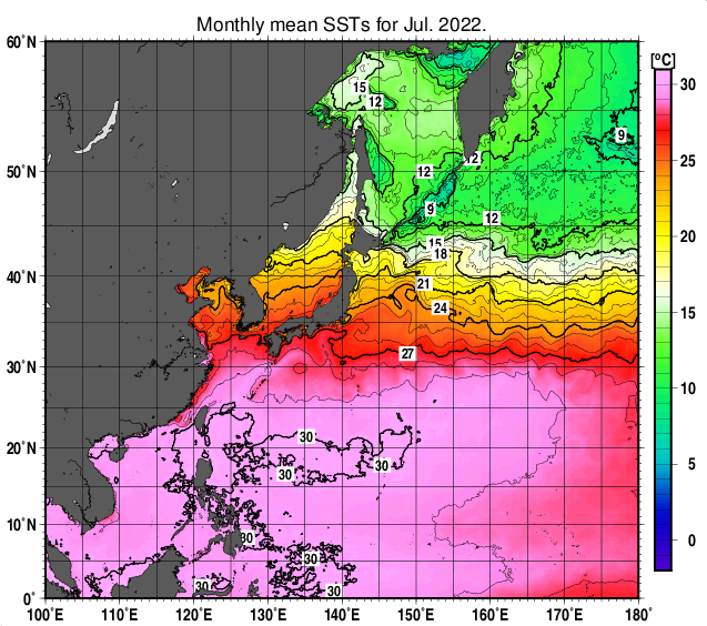 北西太平洋の月平均海面水温分布図（2022年7月）