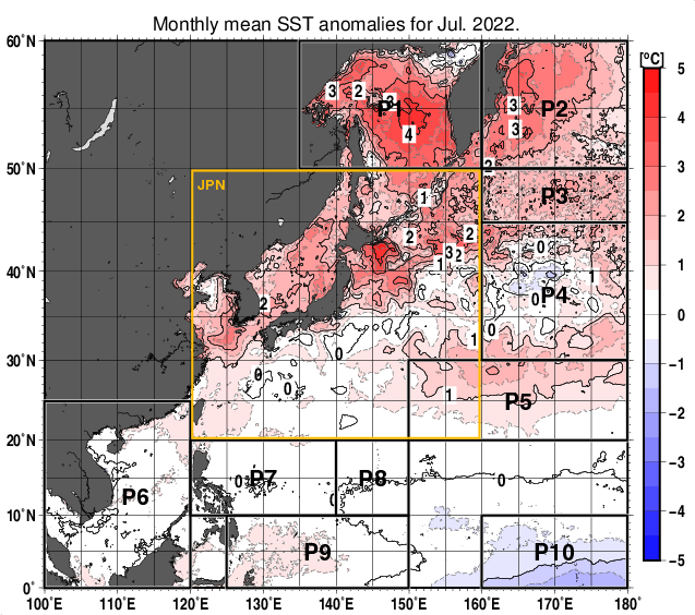 北西太平洋の月平均海面水温平年差分布図（2022年7月）