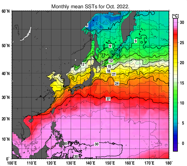 北西太平洋の月平均海面水温分布図（2022年10月）