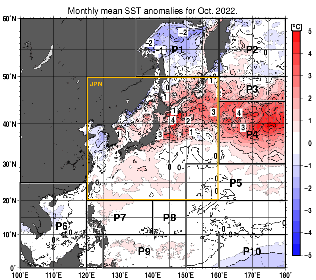 北西太平洋の月平均海面水温平年差分布図（2022年10月）