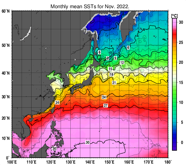 北西太平洋の月平均海面水温分布図（2022年11月）