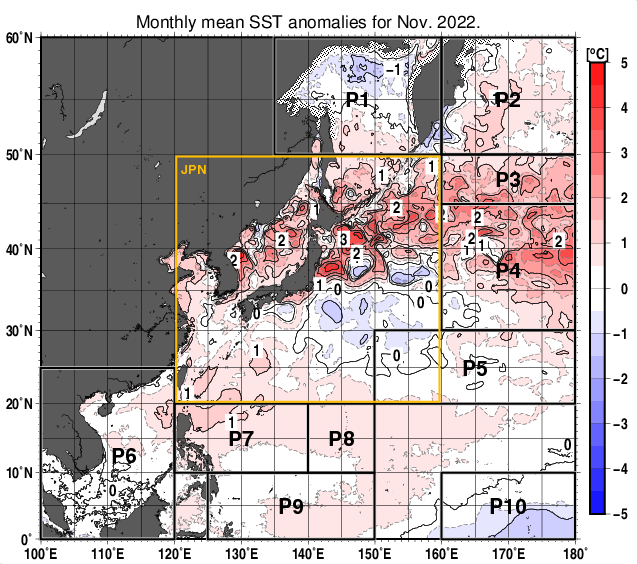 北西太平洋の月平均海面水温平年差分布図（2022年11月）