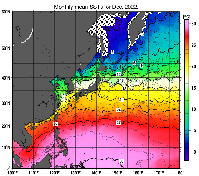 北西太平洋の月平均海面水温分布図（2022年12月）