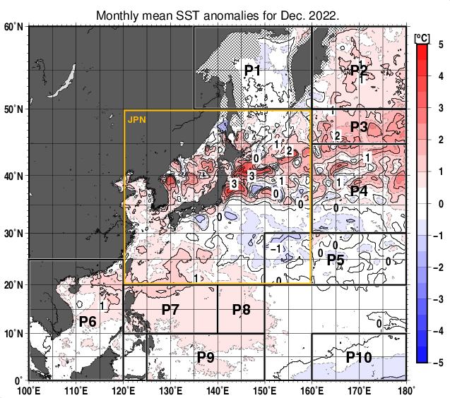 北西太平洋の月平均海面水温平年差分布図（2022年12月）