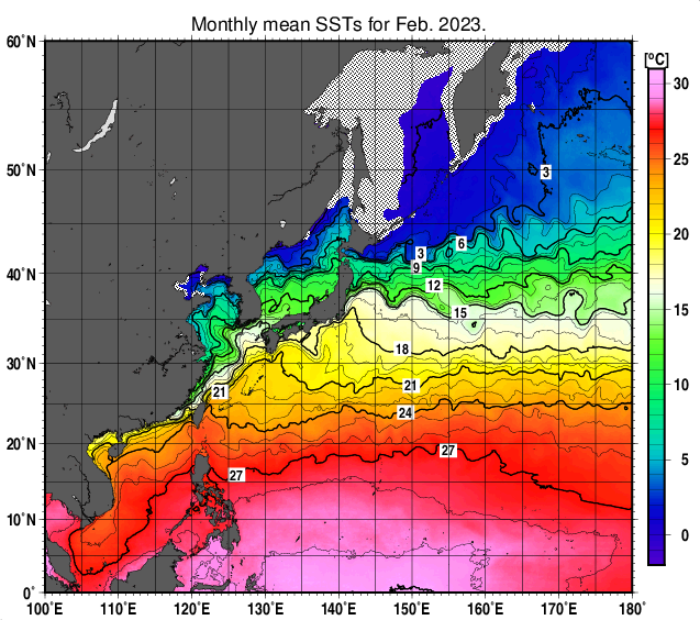 北西太平洋の月平均海面水温分布図（2023年2月）