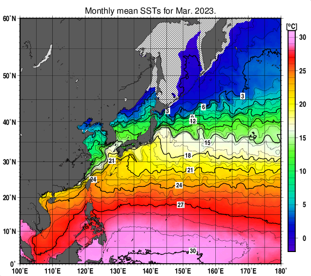 北西太平洋の月平均海面水温分布図（2023年3月）