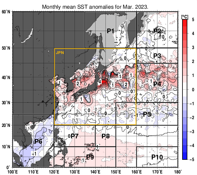 北西太平洋の月平均海面水温平年差分布図（2023年3月）
