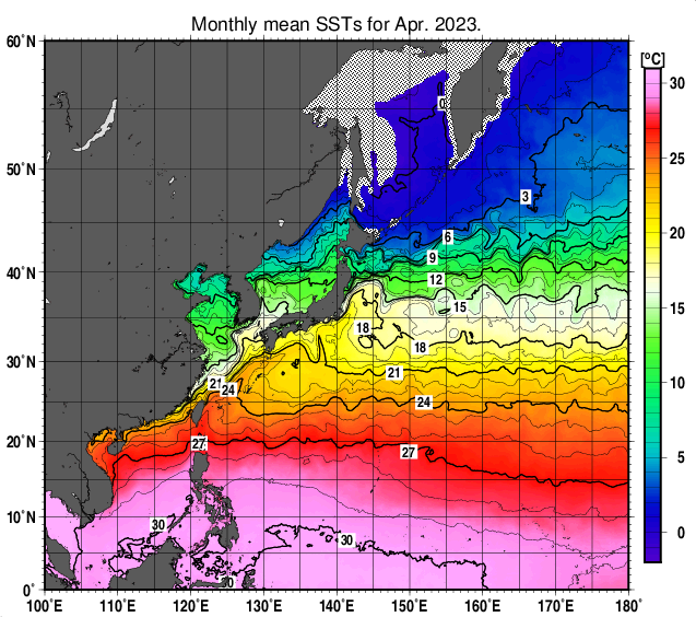 北西太平洋の月平均海面水温分布図（2023年4月）