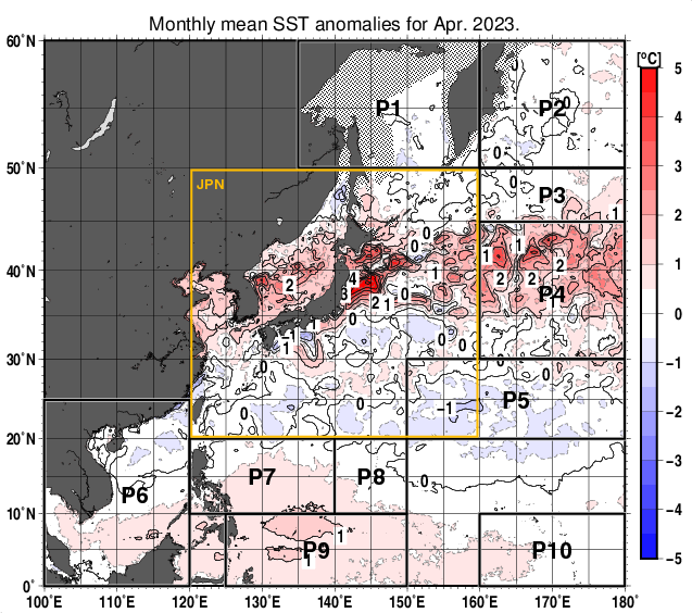 北西太平洋の月平均海面水温平年差分布図（2023年4月）