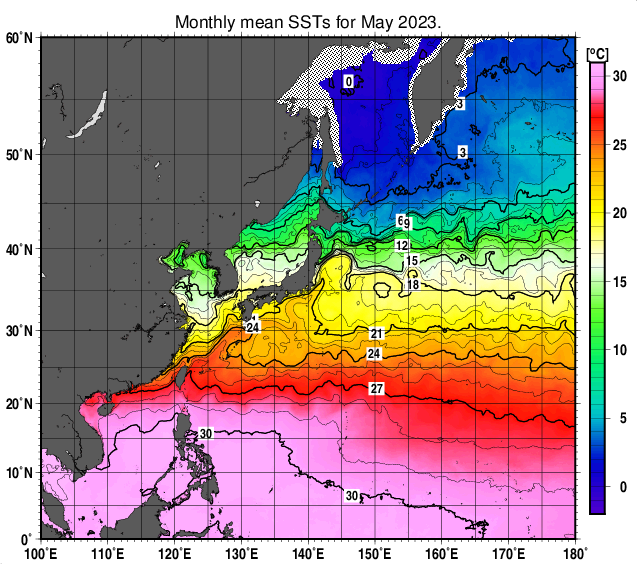 北西太平洋の月平均海面水温分布図（2023年5月）