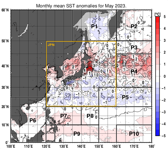 北西太平洋の月平均海面水温平年差分布図（2023年5月）