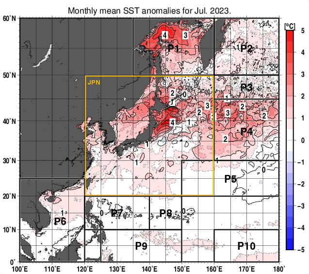北西太平洋の月平均海面水温平年差分布図（2023年7月）